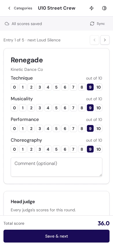MyDanceComp mobile judge screen scoring Renegades from Kinetic Dance Company across several criteria