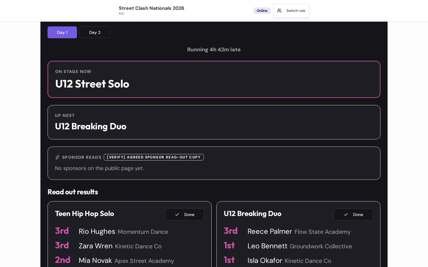 MyDanceComp MC screen with current category, upcoming running order and read-out information